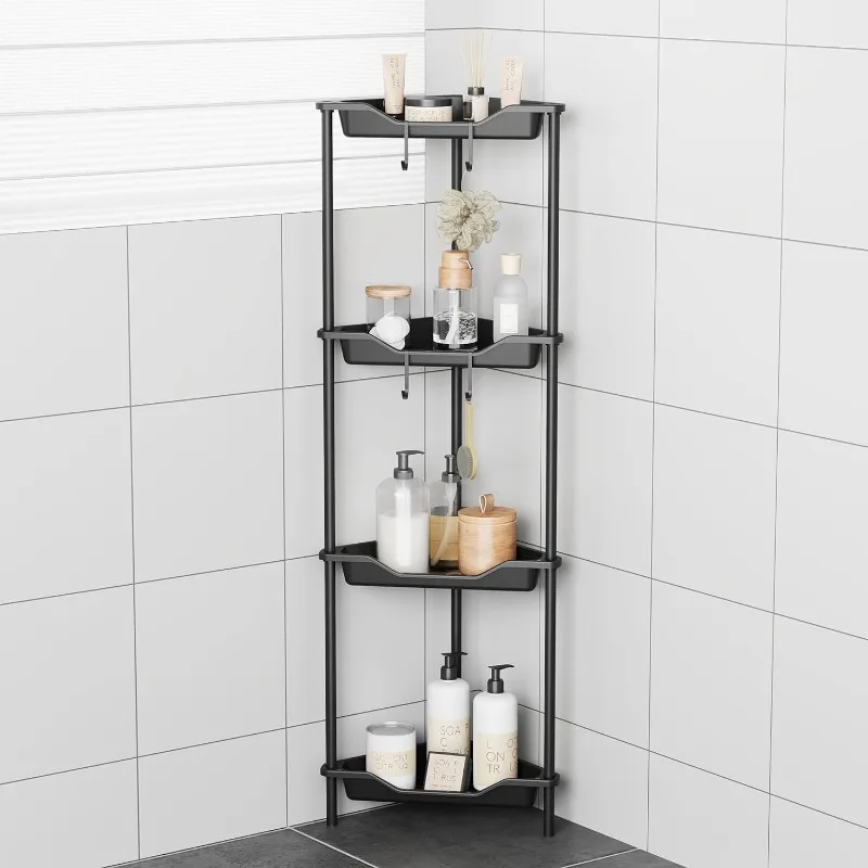 

4 Tier Corner Shelf Stand for Living Room Bedroom Bathroom,Plastic Metal Splicing Ground Cabinet Storage Rack,Standing Shower