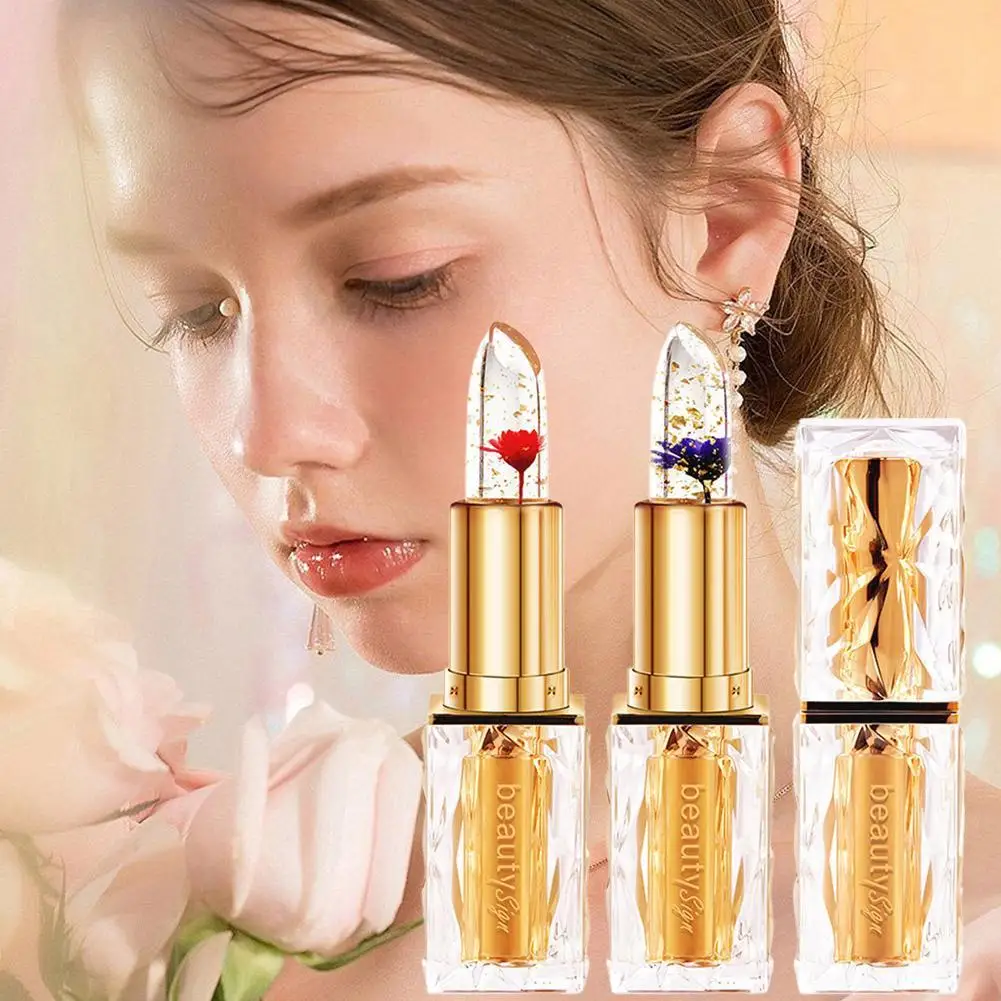 

Temperature Color Changing Lipstick,Gold Foil Flower Jelly Lipstick Moisturizer Lip Balm Magic Color Change Lip Gloss