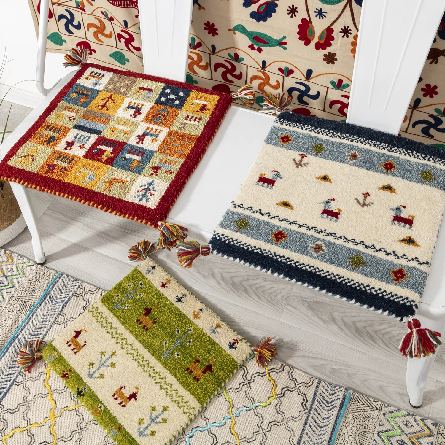 

Винтажный коврик ручной работы из шерсти с геометрическим узором, простой современный дизайн, квадратная подушка для стула, декоративный ковер для дома