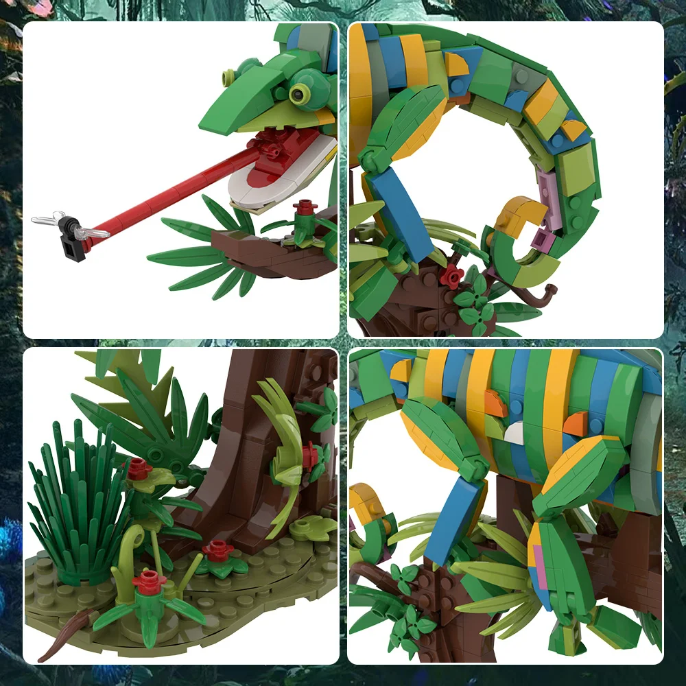 MOC Tropical Rainforest Chameleon Building Blocks Desert Lizard Hunting Insect DIY Design Model Bricks Reptile Enthusiast Toy