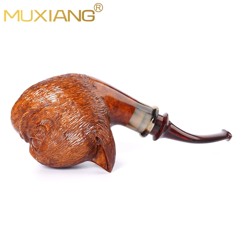 MUXIANG handmade briar tobacco pipe, vulcanized rubber pipe mouthpiece, curved handle master pipe, cat carved pipe，father gifts