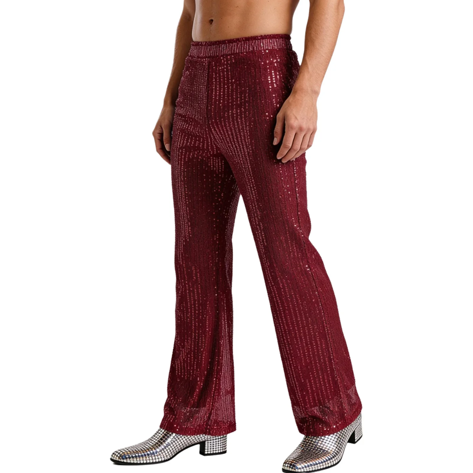 Men Fashion Shiny Dance Trousers Solid Color High Rise Fully Lining Loose Straight Pants for Club Raves Party Disco Dance Outfit