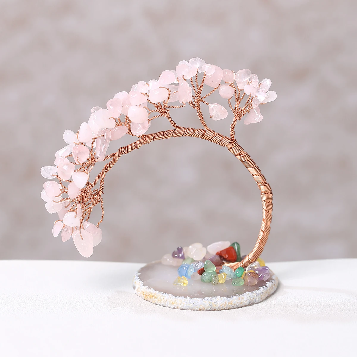 Natural Pink Quartz Chip Phoenix-Tail Money Trees Copper Wire Wrapped Lucky Feng Shui Trees Reiki Healing Tabletop Ornaments
