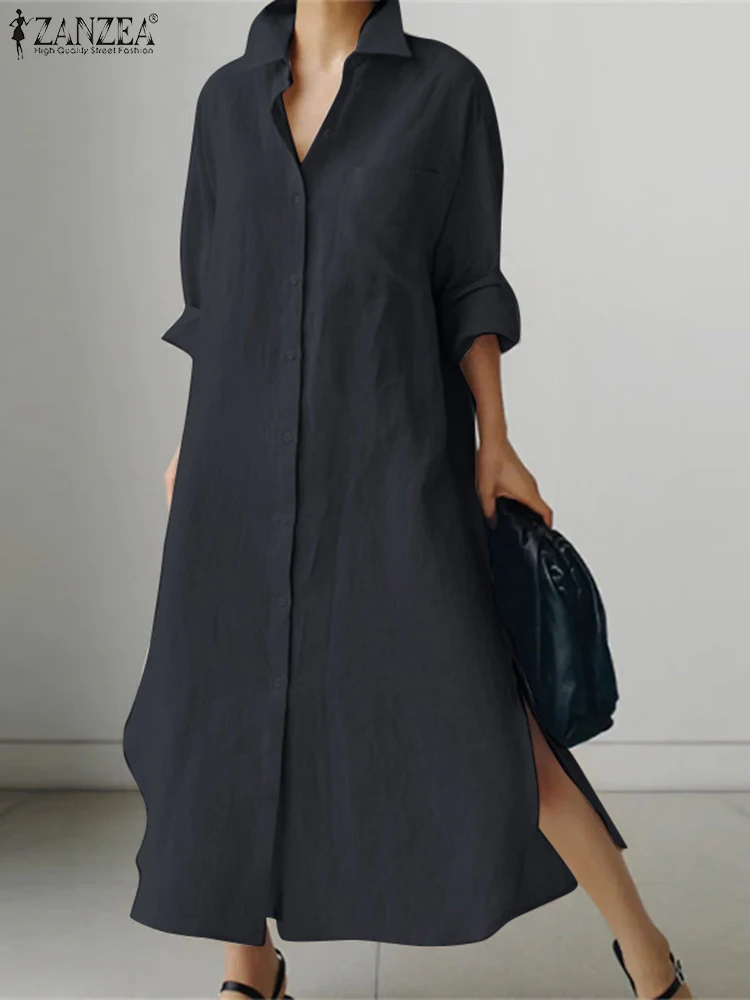 ZANZEA Fashion Solid Color Dress Lapel Neck Long Sleeve Shirtdress Spring Women Elegant Loose Vestidos Vintage Loose Maxi Robe