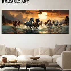 Sunset River Running Horse Animal Poster and Print Natural Canvas Painting Wall Art Pictures for Living Room Home Decor No Frame
