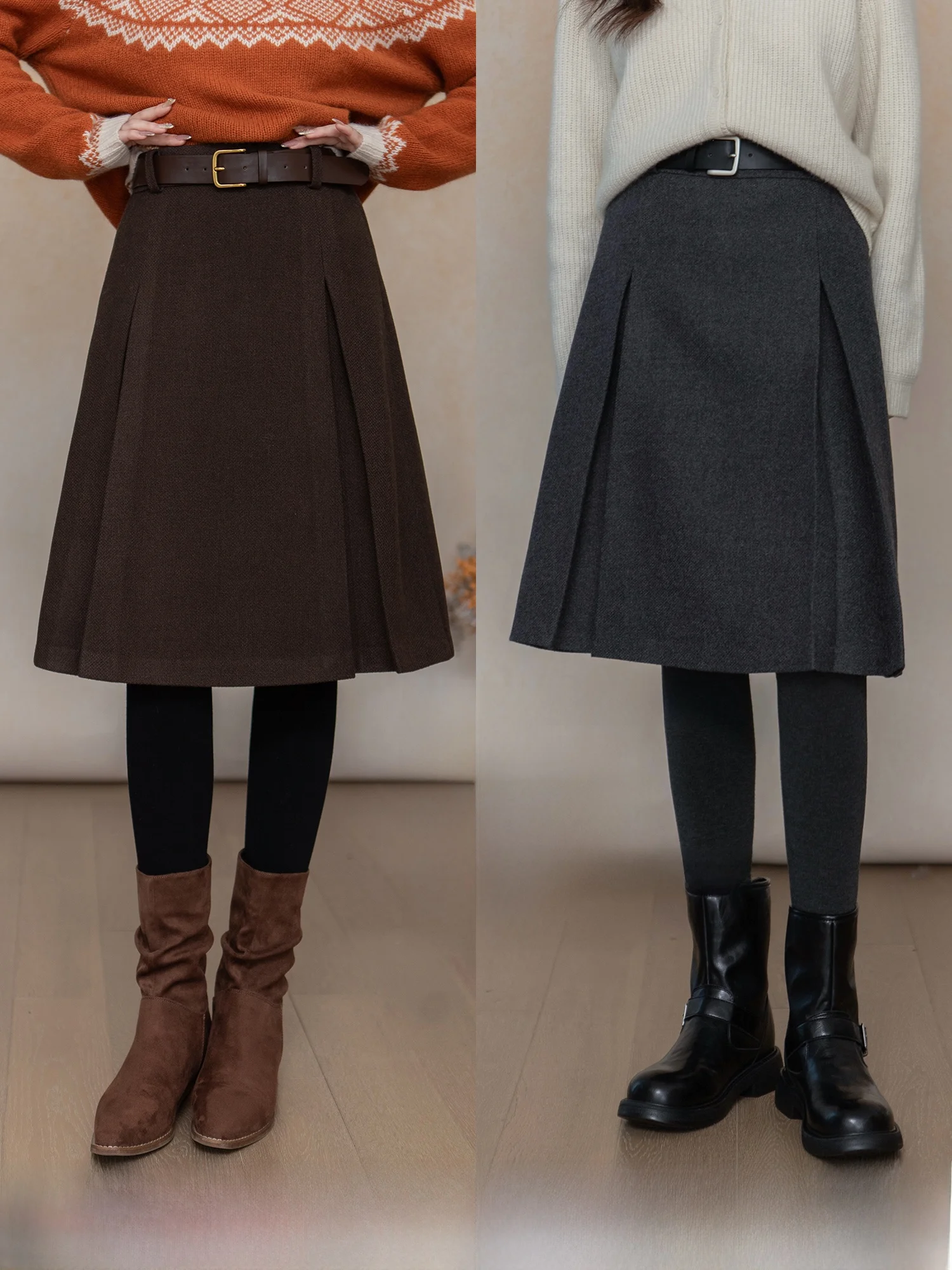 

SureHouse Early Spring Selected Woolen Thiened 3D Pleated Skirt Ele Midi Skirt Commuter Korean Sle Polyester Blend