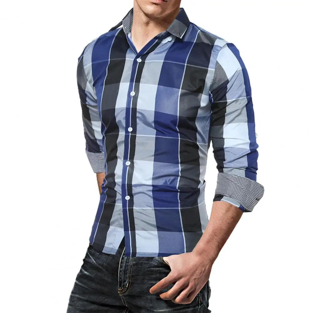 Spring Men\'s Plaid Long-Sleeved Casual Shirt Regular Fit Classic Single Breasted Turn-down Collar Top For Work