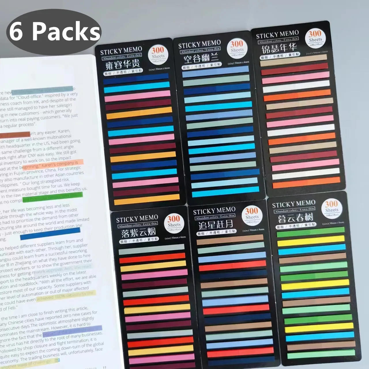 6 Packungen 1800 Blatt transparente Haftnotizen, selbstklebende Lesezeichen, Anmerkungen zum Lesen von Büchern, transparente Tabs, Schreibwaren – Detail 1