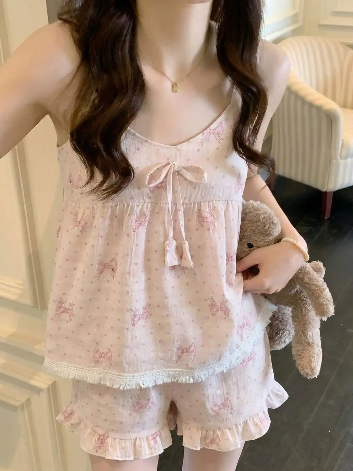 Nuevo Conjunto de Pijama Y2K para Mujer, Shorts con Tirantes, Ropa de Dormir de Verano, Pijama con Estampado de Lunares, Ropa Casual para el Hogar, Regalos de Cumpleaños
