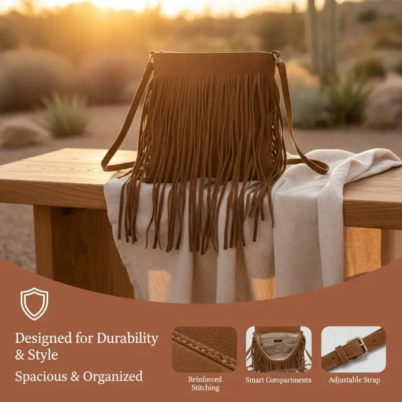 Boho Suede Fringe Crossbody Bucket Bag Lightweight Large Capacity Adjustable Strap for Women Commute Vacation