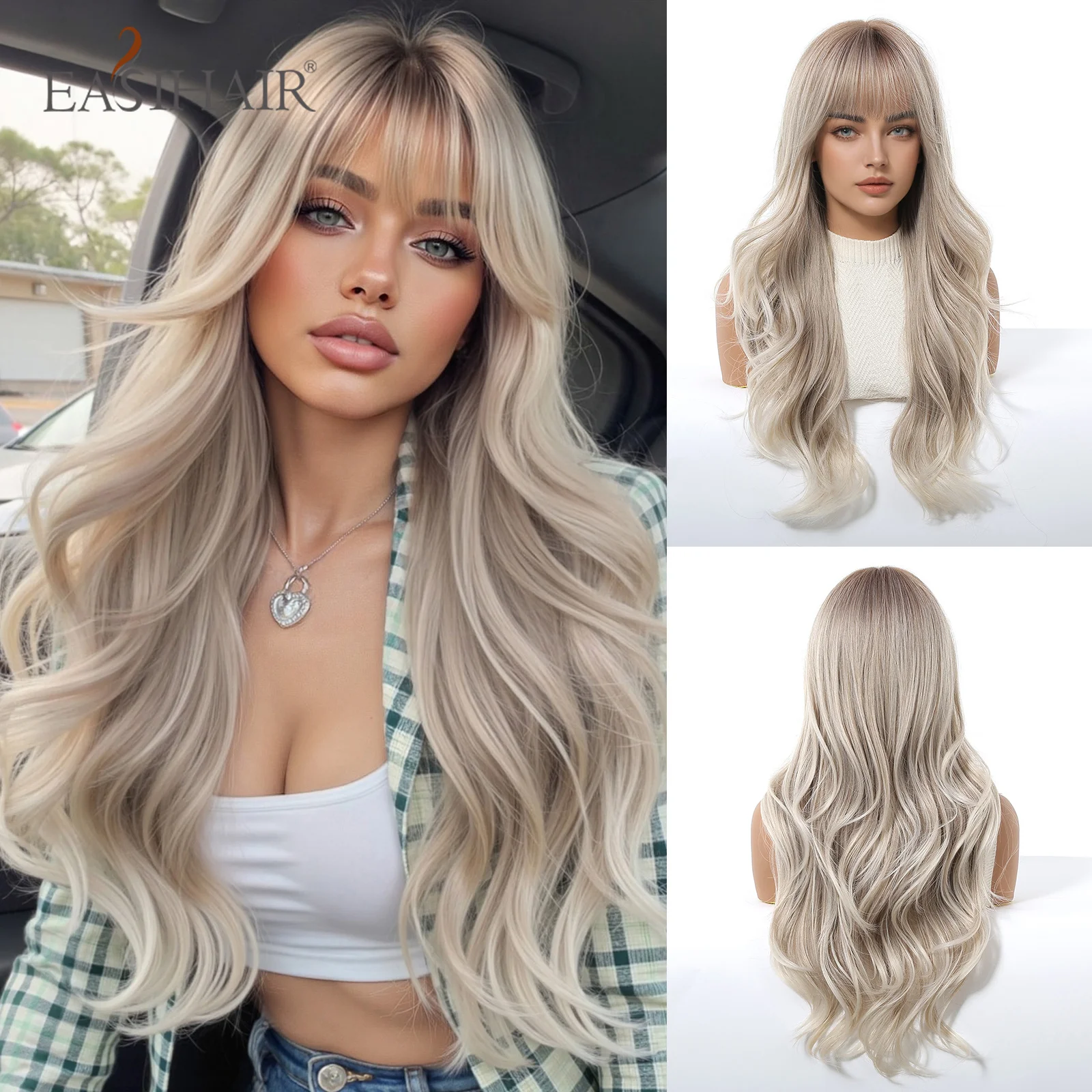 Perruques synthétiques ondulées naturelles ombrées blondes cendrées longues avec frange, perruque quotidienne pour femmes, cheveux de fête Cosplay gris blanc résistant à la chaleur