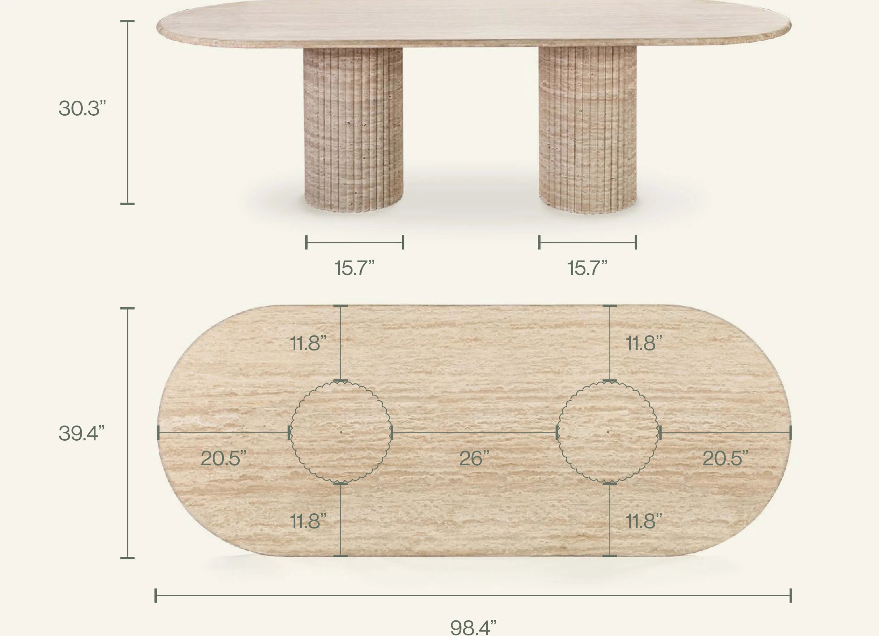 8 Seater Customized Natural Stone Fluted Oval Beige Travertine Dining Table For Villa Home