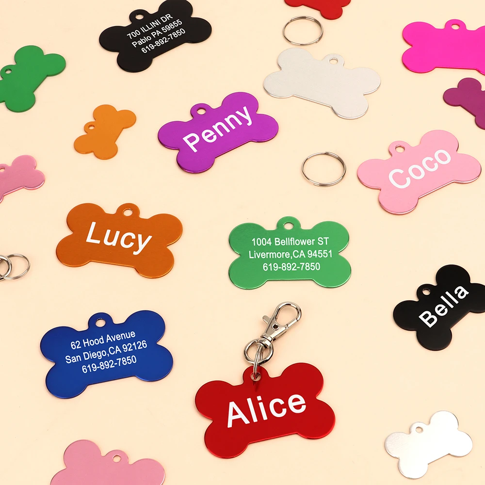 Custom Dogs ID Tag Personalized Alloy Puppy Cat Tags Anti-lost Pet Bone Name Pendent Collar Accessories for Dogs Cats Perro Pug