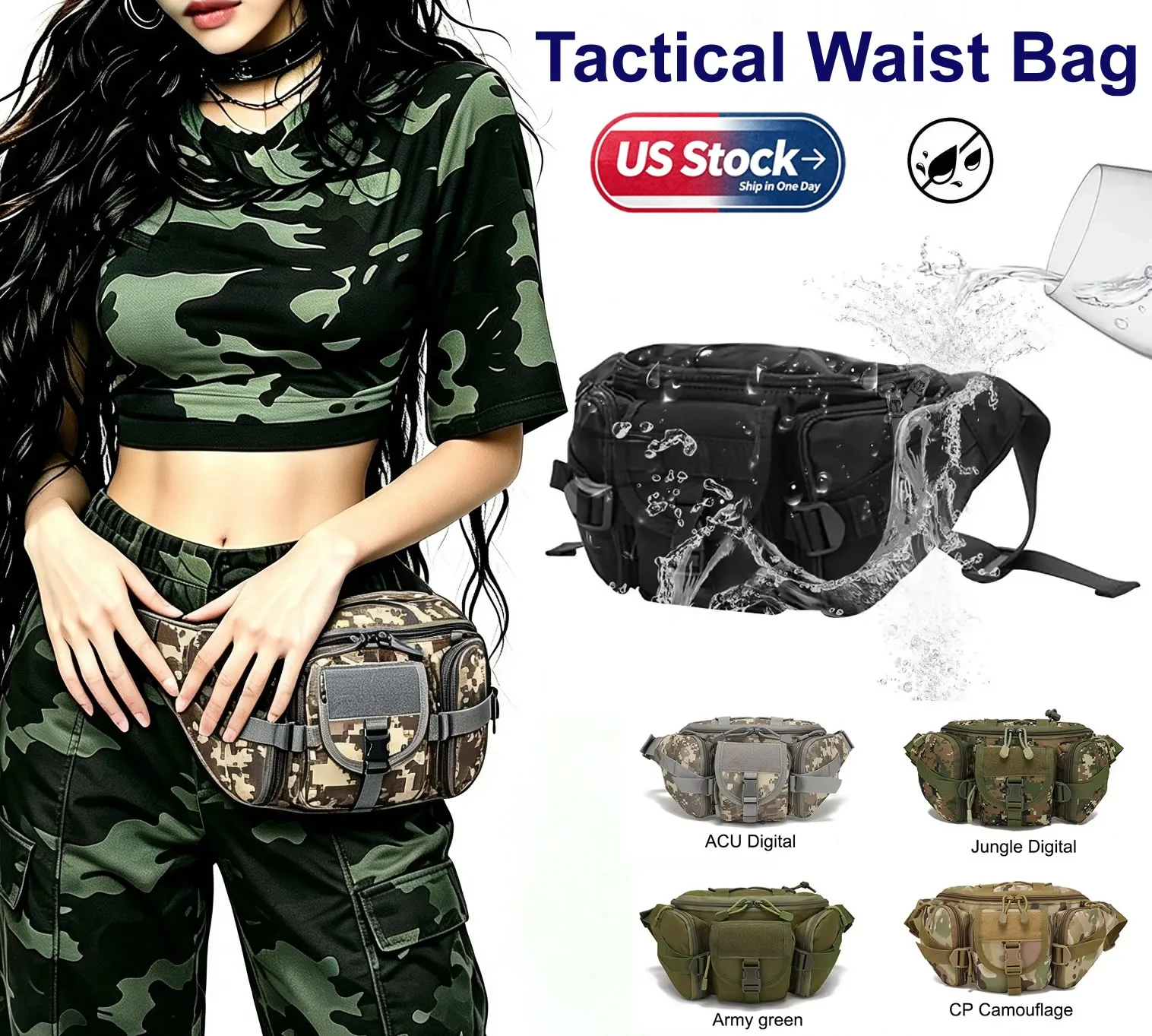 Tactical Fanny Pack MOLLE Waist Bag Military Style Outdoor Hiking Fishing Camping Hip Belt Bag for Men Women EDC