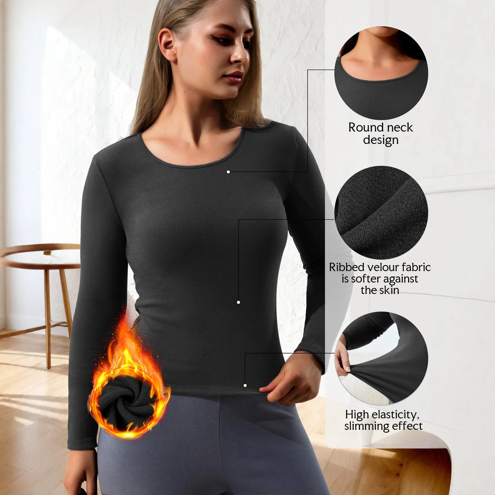 Women Fleece Lined Thermal Underwear Top Round Neck Long Sleeve Shirts High Elastic Slim Soft Warm Winter Base Layer Tops