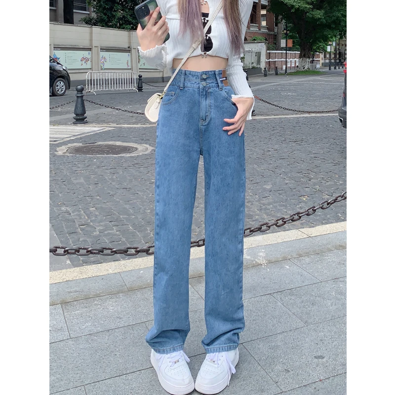 الرجعية واسعة الساق مستقيم قطع الجينز المرأة حجم كبير فضفاضة تناسب عالية الخصر السراويل الطويلة الخريف Faion المضادة للتجاعيد اللون العميق #3