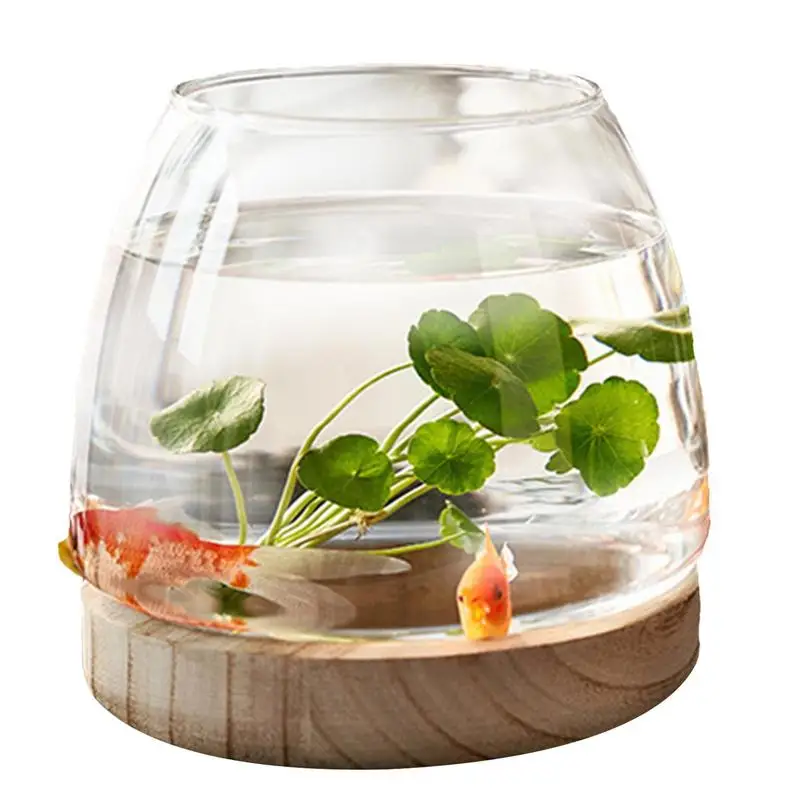 Vase de Support en Bois et Verre Transparent, Ameublement de Maison, Ornement d'Aqu01:, Arrangement de Fleurs, Poisson Précieux avec Base en Bois