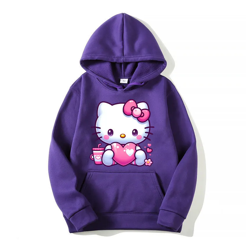 2024 New Fashion Women Hoodie Hello Kitty Heart Cartoon Anime Men Pullover Spring Autumn Pink Couple Sweatshirt Clothes Tops