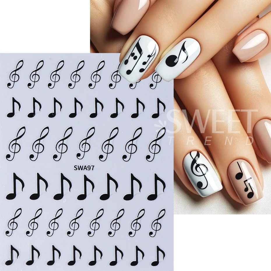 3 pezzi note musicali adesivi per unghie 3D nero oro argento simboli design fai da te Y2K metallizzato olografico gel smalto cursori decorazioni per unghie