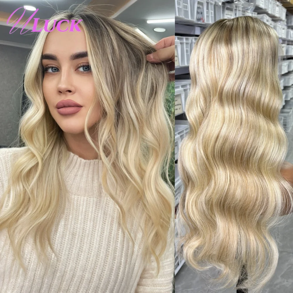 

Uluck 13x6 Lace Frontal Wigs Body Wave 100% Brazilian Remy Human Hair Wigs With Honey Blonde Colored Pre Plucked For White Women
