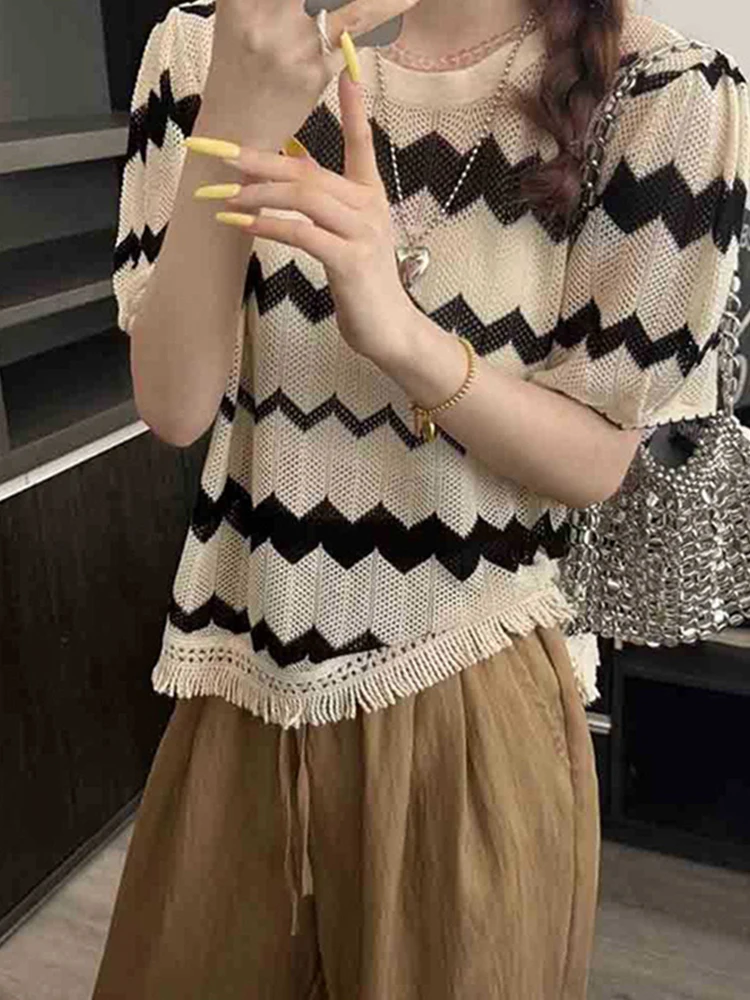 

Женский круглый Ne ort Sve Трикотажный ледяной шелк с вырезом Дизайн Повседневный топ Корейский Sle Commute Faion Обычный крой