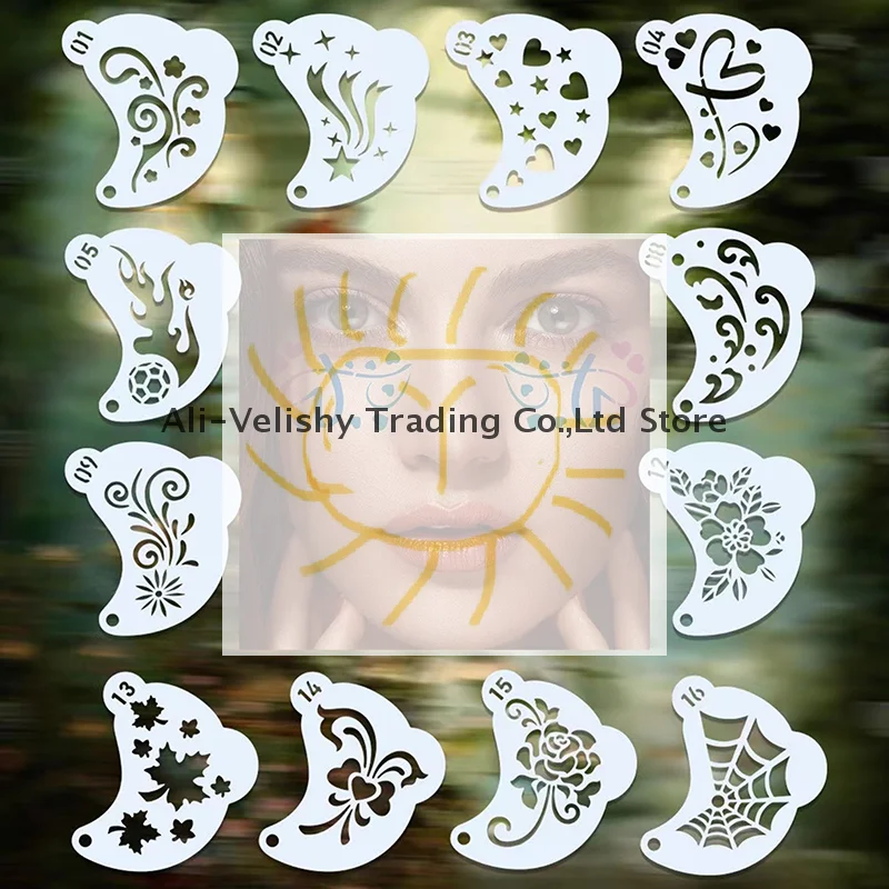 

16Pcs Face Painting Tattoo Stencil DIY Hand Drawn Spray Painting Eyebrow Tattoo Template Dance Party Makeup Tools Beauty Sticker