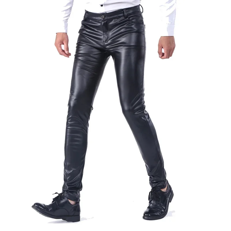 

Men Velvet Leather Pants Warm Skinny Fit Elastic Fashion PU Leather Trousers Wet Look Stretch Plush Motorcycle Pants