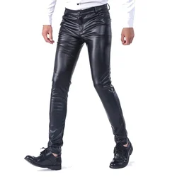 Men Velvet Leather Pants Warm Skinny Fit Elastic Fashion PU Leather Trousers Wet Look Stretch Plush Motorcycle Pants