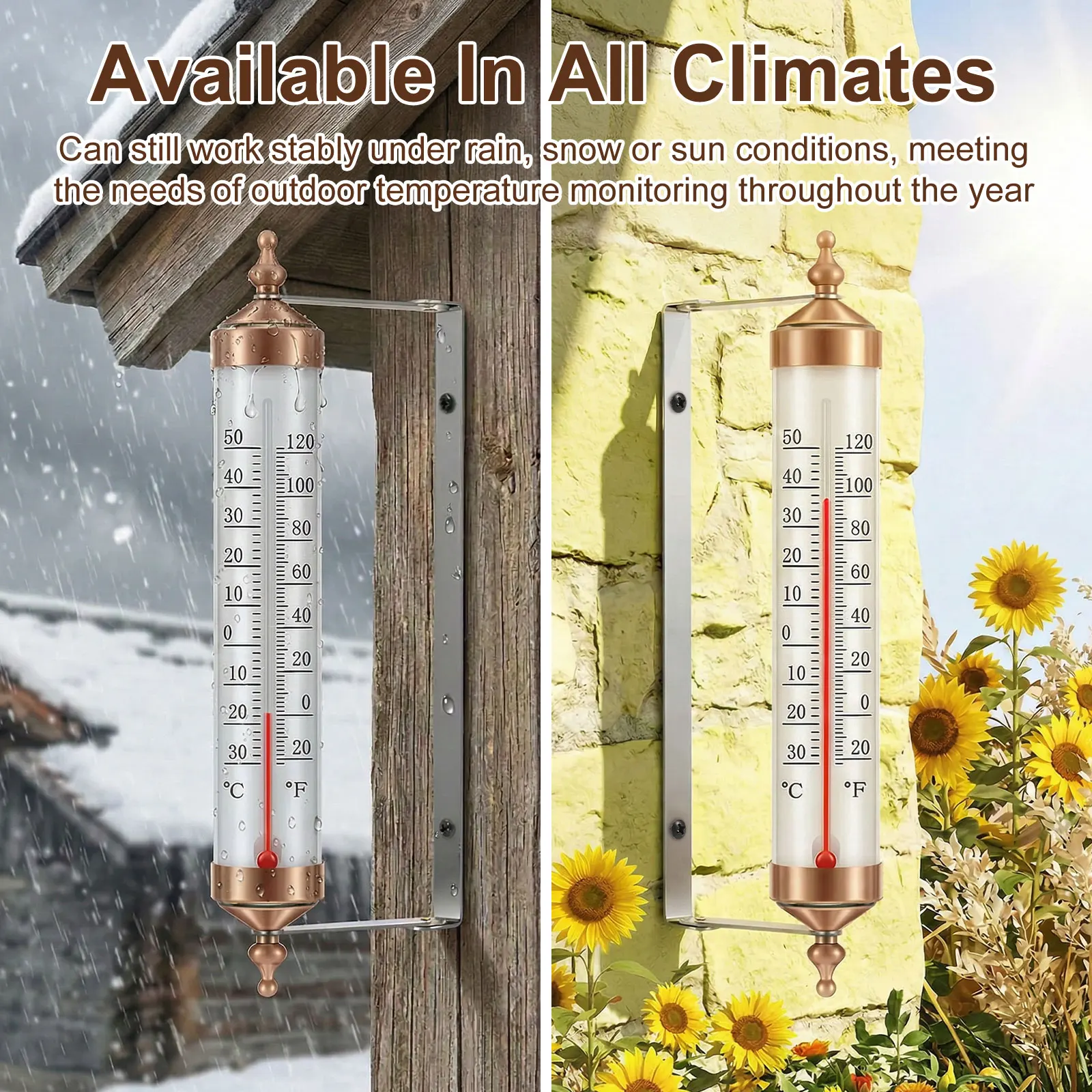 Outdoor Thermometer Waterproof Adjustable Angle Outside Temperature Gauge Decorative Metal Wall Window Garden Patio Thermometer