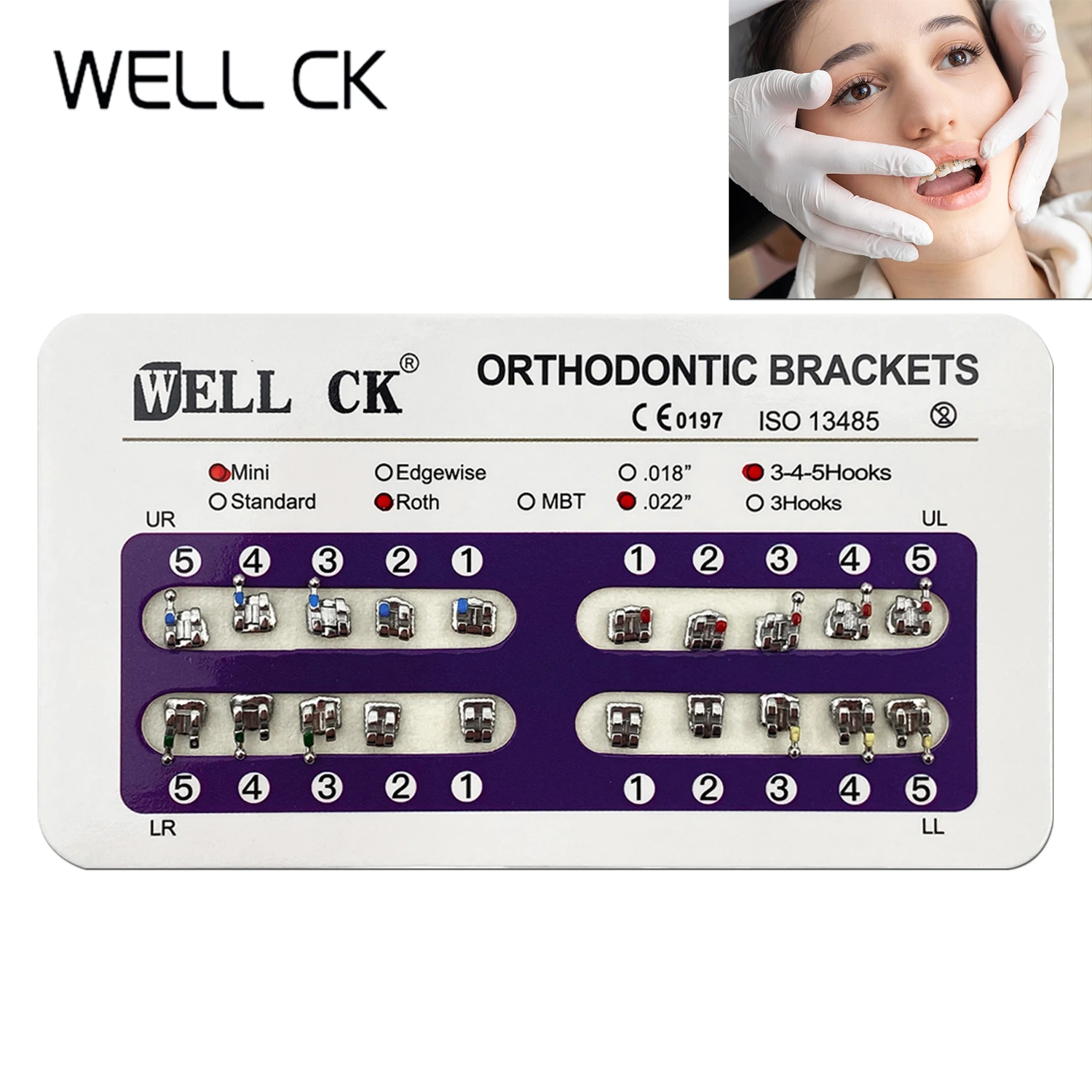 

WELL CK 10 Packs=200Pcs Dental Orthodontic Metal Braces Bracket Mini Roth/MBT/Edgewise Slot.022/018 Hooks 3/345