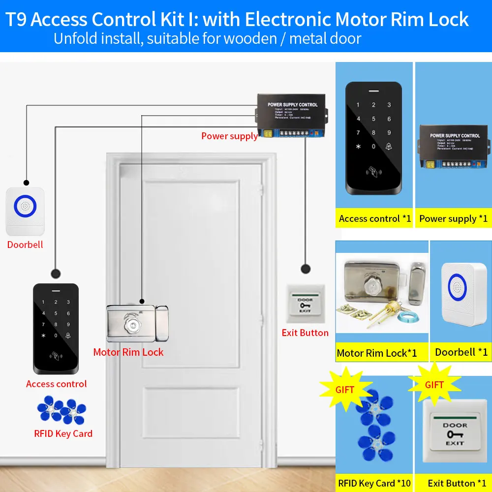 T9 Access Control System Set IP67 Waterproof Access Control Kit Touch Keypad +RFID EM Card+ Magnetic Door Lock +12V Power Supply