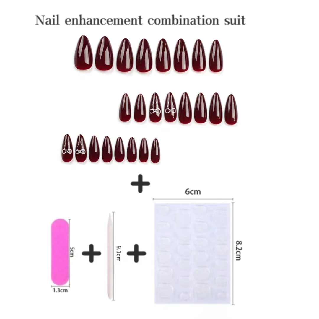 24 قطعة بسيطة الكرز الأحمر Bowknot اللوز رسومات أظافر وهمية يمكن ارتداؤها غطاء كامل أظافر صناعية INS نمط عيد الحب الصحافة على الأظافر مانيكير #4