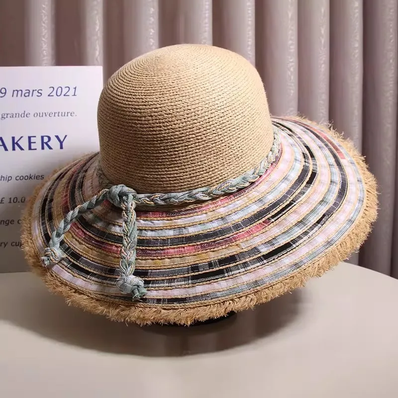 Bohemian Hand Woven Rattan Check Pattern Fringed Beach Hat Women Summer Seaside Vacation Large Brimmed Sun Shade Hat
