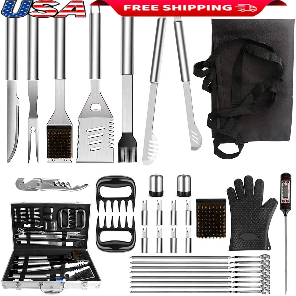 

32PCS BBQ Grill Tools Set Stainless Steel Accessories Long Handle Utensils Meat Thermometer Corn Holders Carry Case Gift Idea