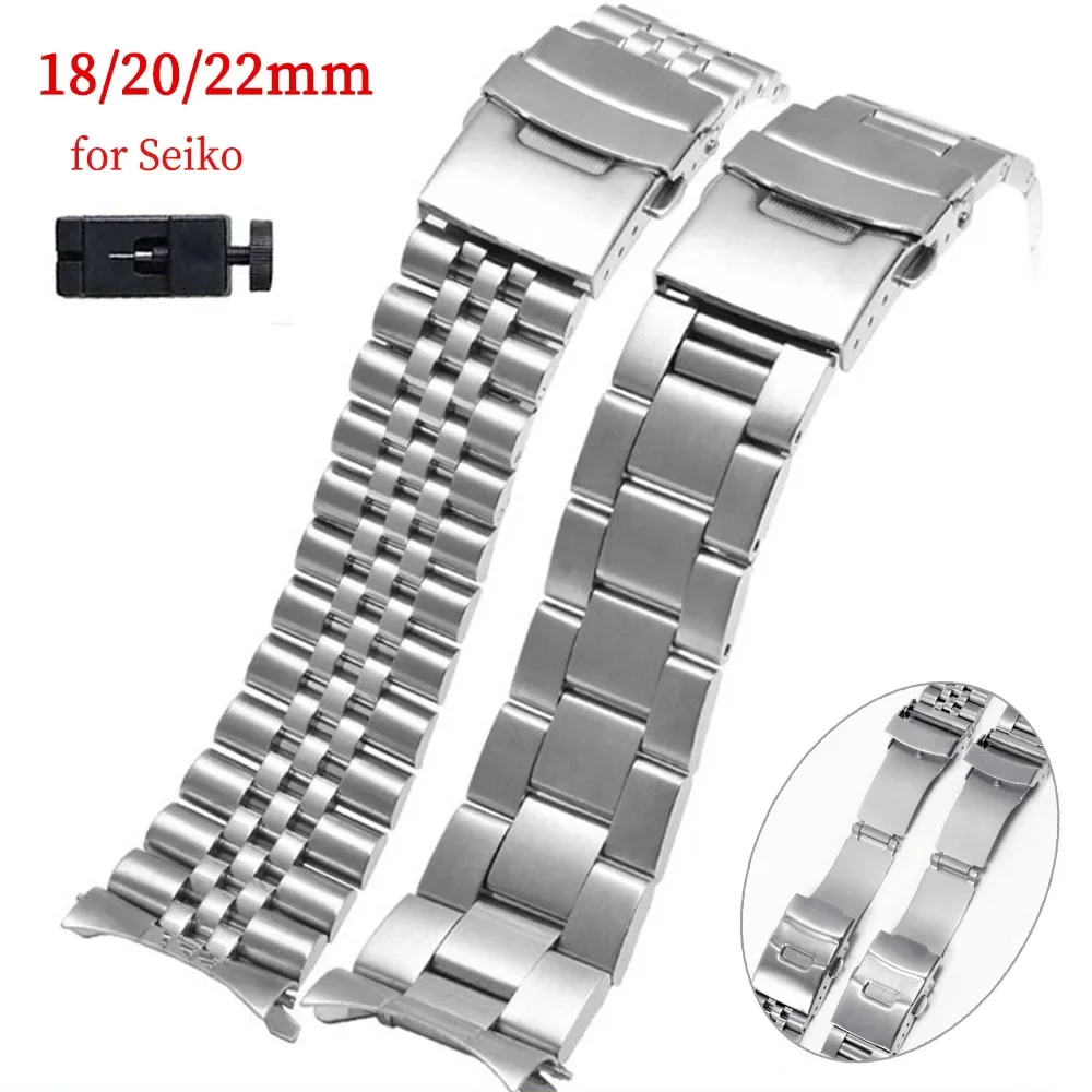 Solid Stainless Steel Watch Band for Seiko Curved End Bracelet 18mm 20mm 22mm Luxury Metal Strap Accessories Men Women Wristband