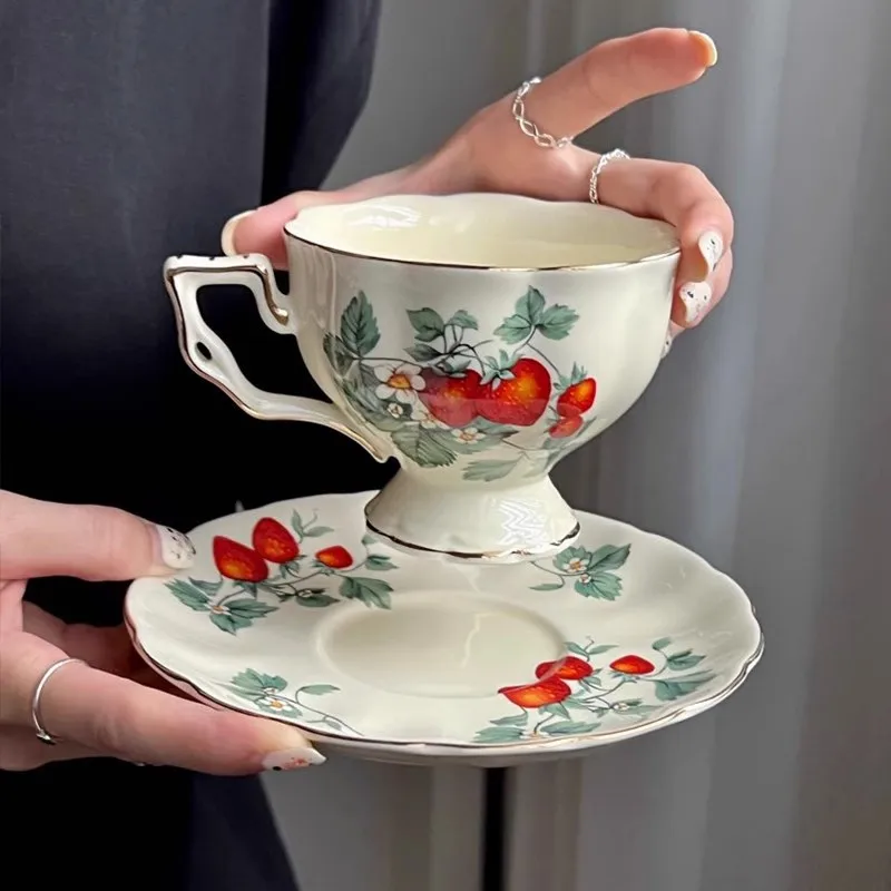 Coffee Cups and Saucers with Strawberry Pattern,Ceramic Bone China with Spoon,Tea Pot Plate Bowl, Sold Separately, Wedding Gifts