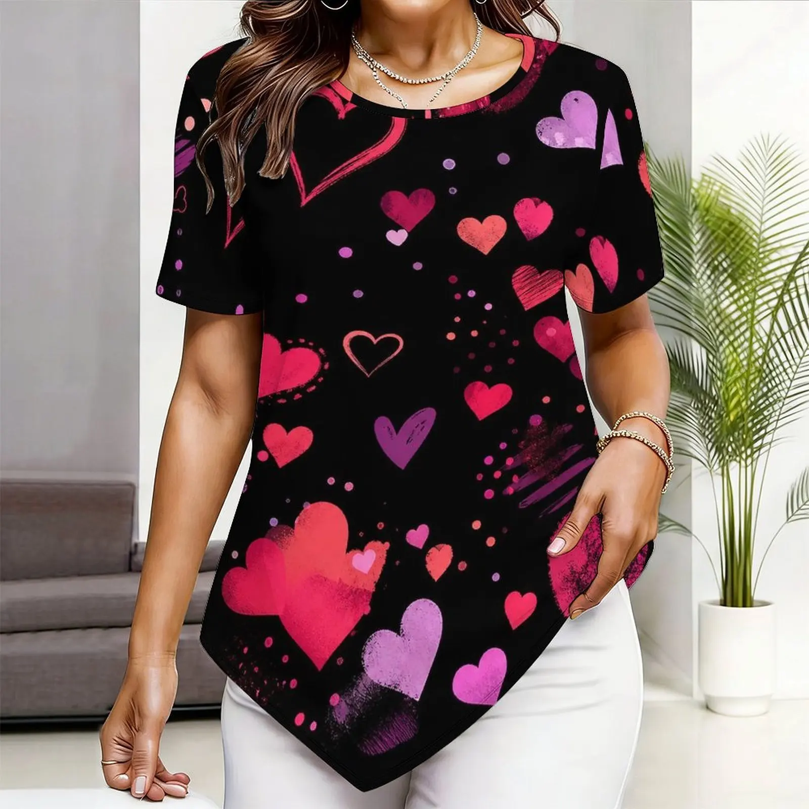 Round Neck Short Sleeve Pointed Hem Printed Top for Women