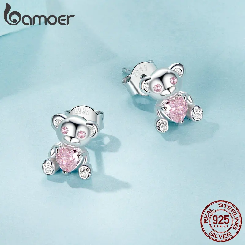 BAMOER Solid 925 Sterling Silver Dainty Bear Stud Earrings - Hypoallergenic Minimalist Cute Animal Studs for Women Girl SCE1774