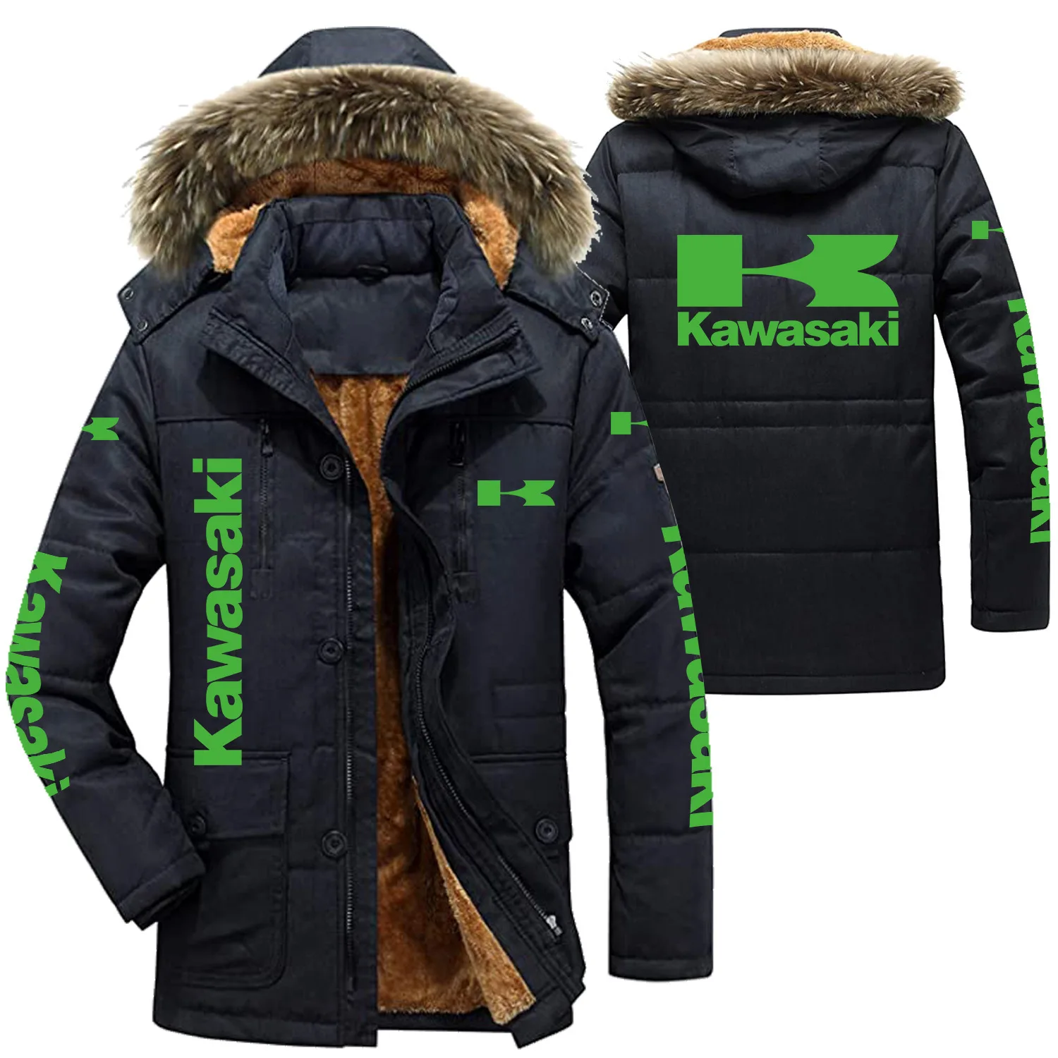 

New Kawasaki motorcycle logo cotton coat, warm and velvet, men's cotton coat, velvet lining, team long jacket