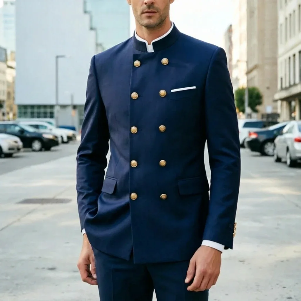 Double Breasted Suits for Men with Stand Collar Slim Fit Bla