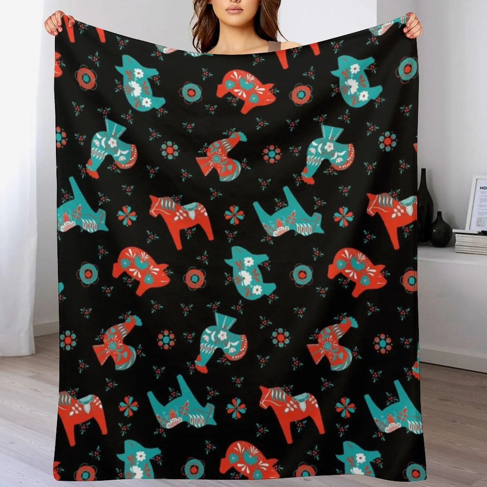 Black Red Turquoise - Folk Art - Swedish Dala Throw Blanket Large For Sofa Thin Thin Soft Plaid Blankets