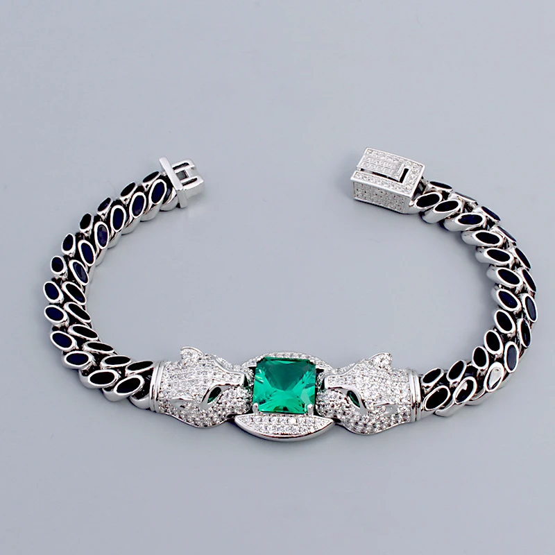 European and American style double headed leopard bracelet with drop glue zircon inlay and domineering hip-hop men's accessories