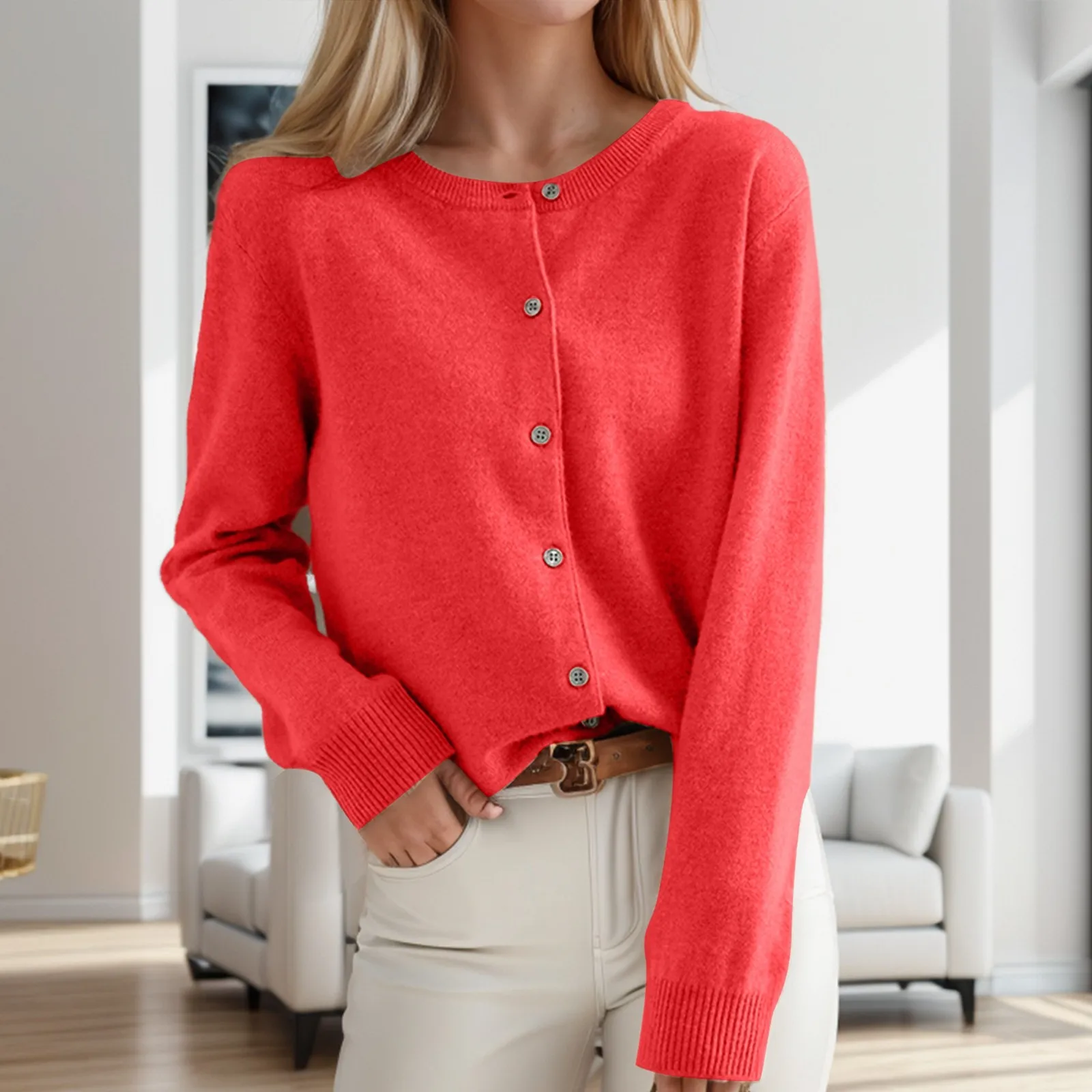 Solid Color Knitted for Women Cardigan Korean Single Breasted Long Sleeve Jumper Woman Round Neck All Match Cardigans Outwear