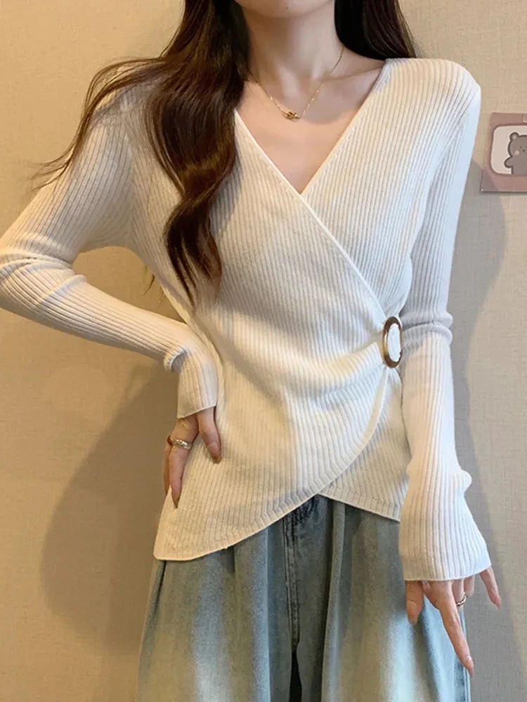 Plus Size 3xl Fall Winter Long Sleeve Sexy Knit Tops Women Korean Fashion V-neck Long Sleeve Simple Clothes Elegant Chic Sweater