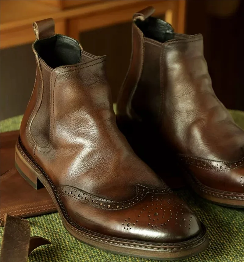 British Genuine Leather Carved Chelsea Boots Winter High-top Business Casual Leather Shoes For Men Elastic Band Men's Boots