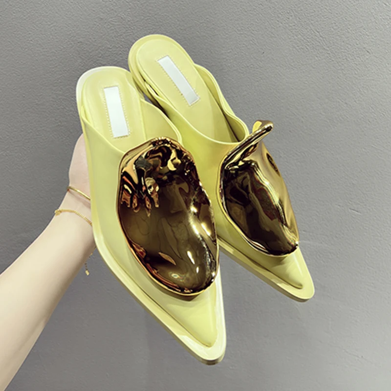 Black Metal Closed Toe Cat Heel Slippers Woman Summer 2024 White Pointed Toe High Heels Slippers Women Mules Shoes Fashion