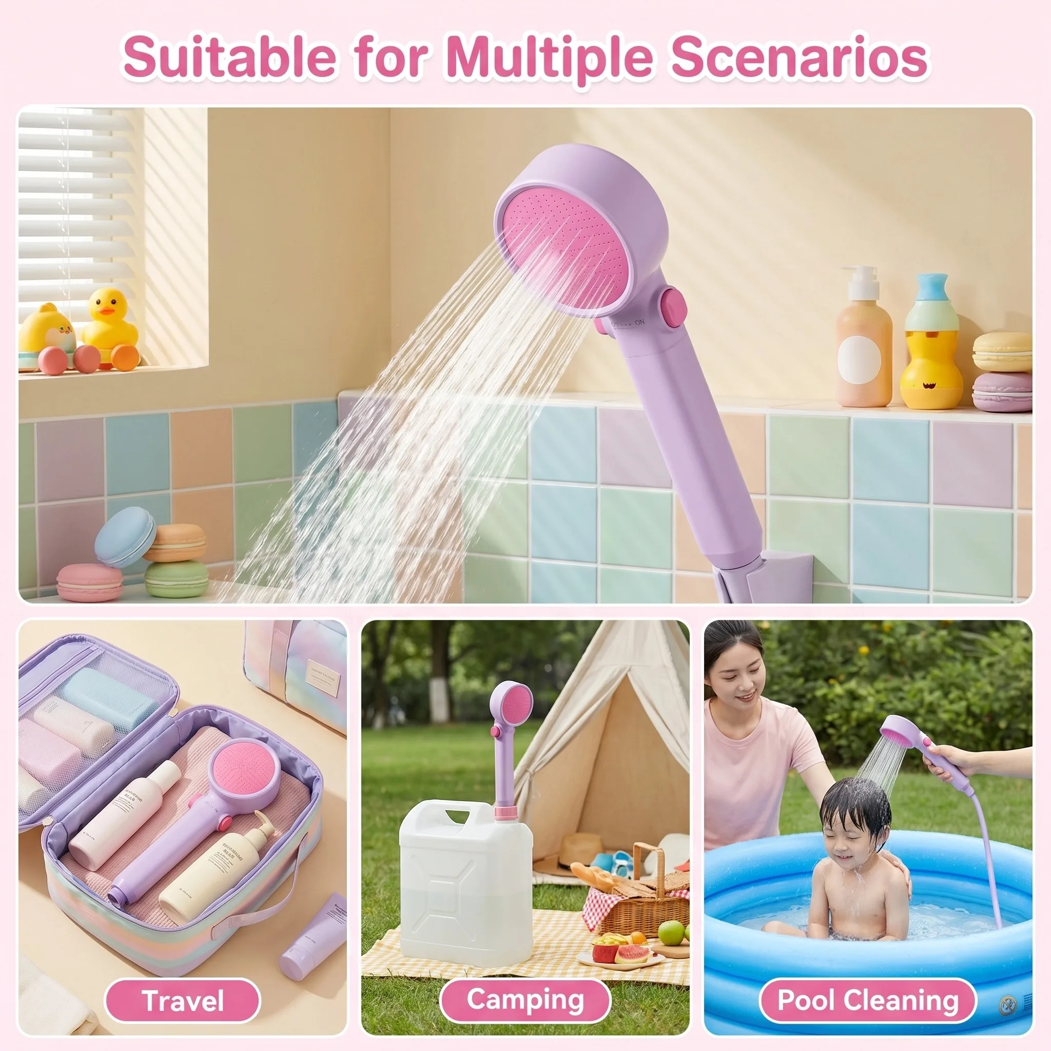 Purple High-pressure Shower Head  for Women & Kids Dopamine Cute Dual Filtration Skin Protection Water Saving Shower Head
