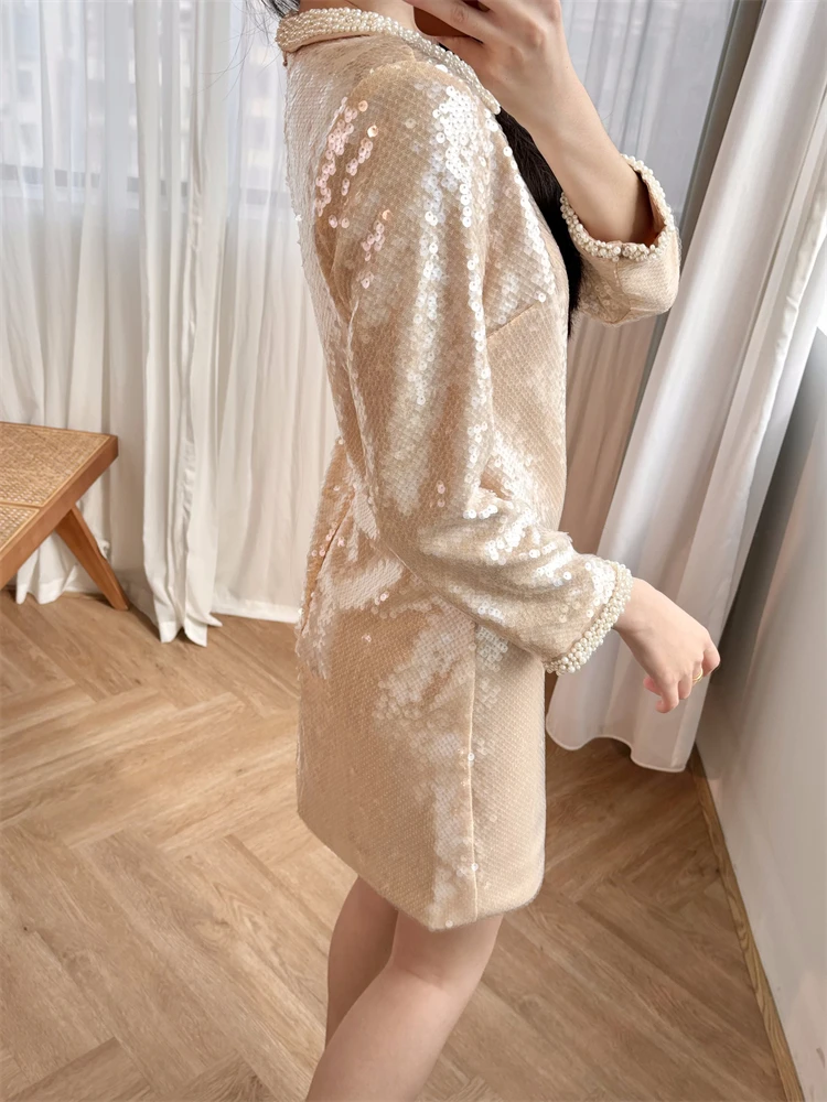 Women's Sequined Short Dress, Pearl Trimmed Round Neck, Champagne Color, A-Line, Elegant Style, High Street, Chic, Fashionable