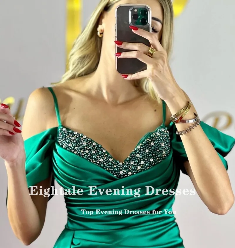 Eightale-Vestidos de Noche de satén con cuentas, vestido de fiesta Formal árabe con corte sirena y tirantes finos para boda, color verde esmeralda