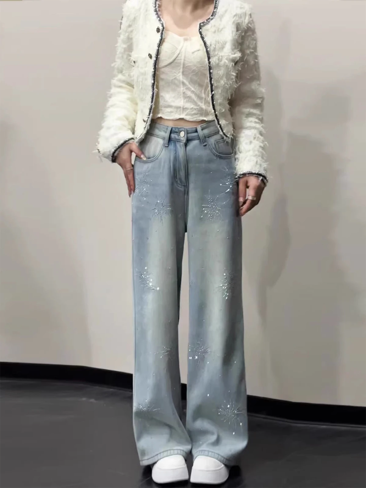 

Waed Light Blue Firework Rhinestone Wide Leg Jeans Women's Loose Straight Cut Spring Autumn New Design High Waist Denim Pants